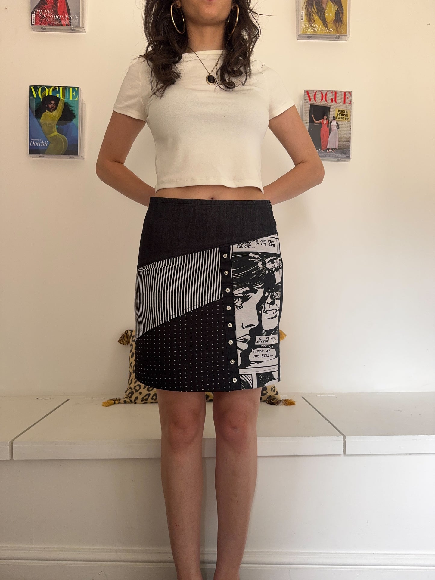 Vintage magazine graphic striped midi skirt