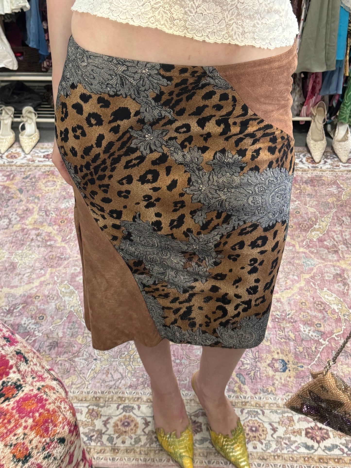 Vintage 90’s leopard print suede midi skirt with split