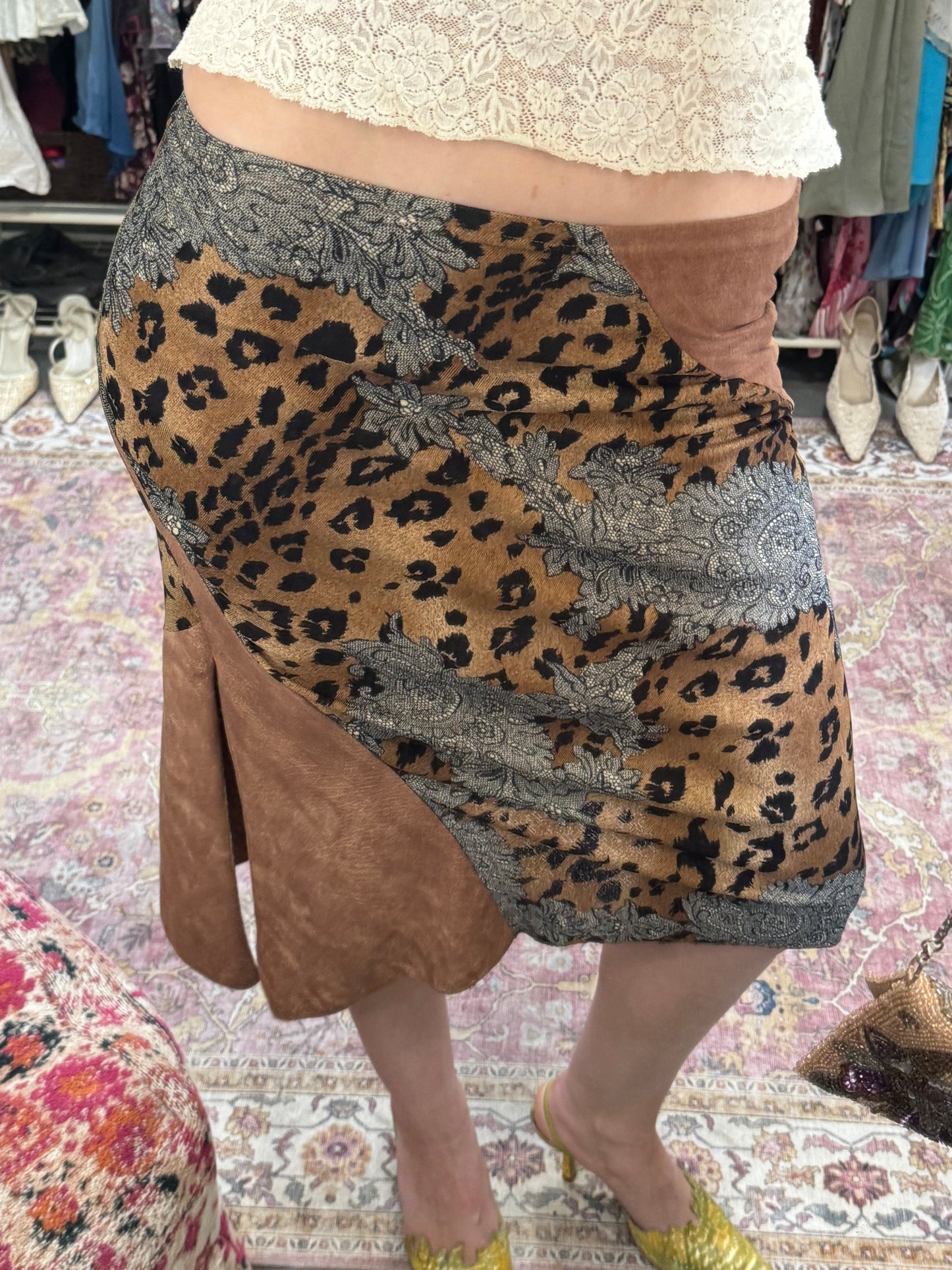 Vintage 90’s leopard print suede midi skirt with split