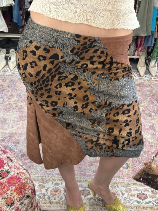 Vintage 90’s leopard print suede midi skirt with split