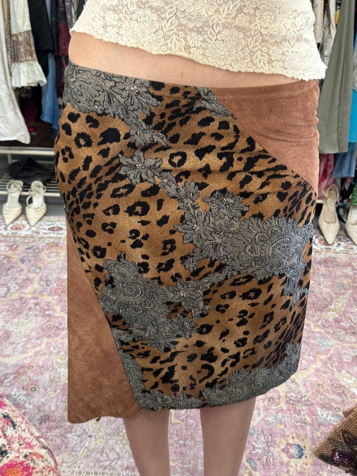 Vintage 90’s leopard print suede midi skirt with split