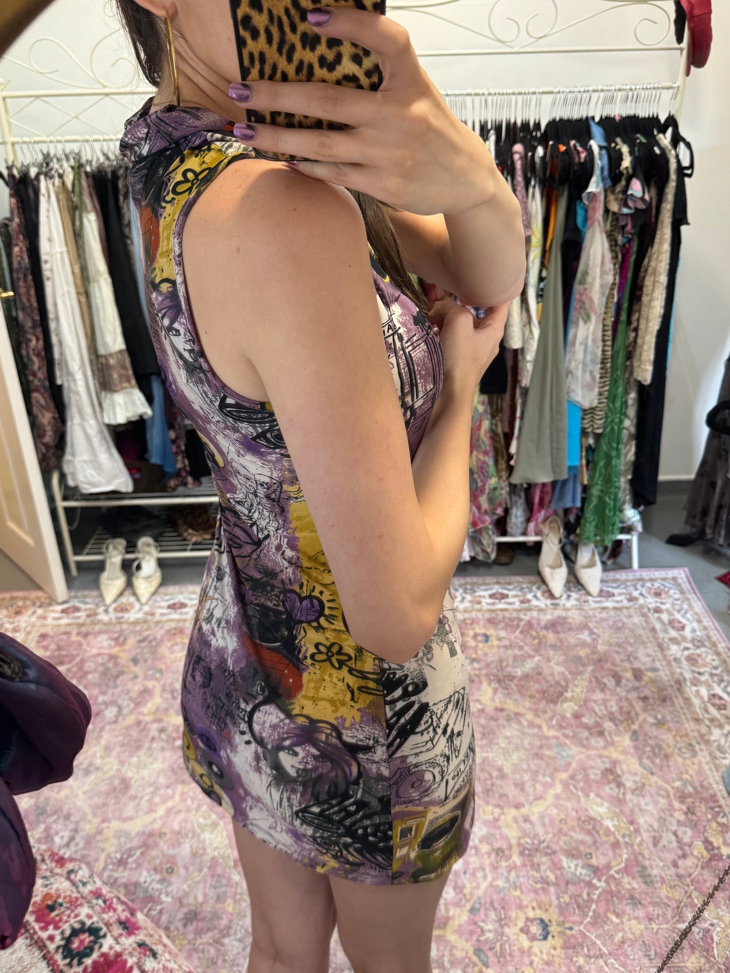 Vintage graphic cowl neck mini dress