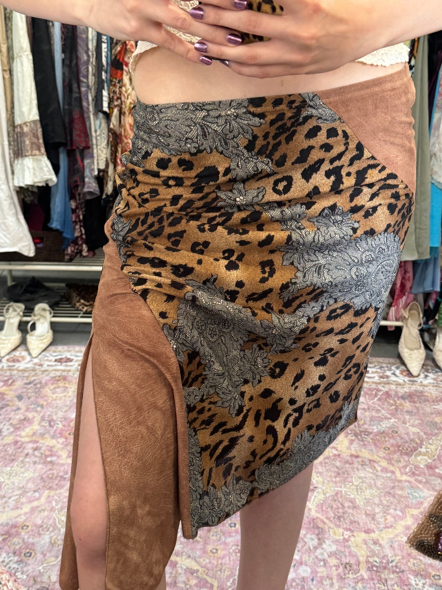 Vintage 90’s leopard print suede midi skirt with split