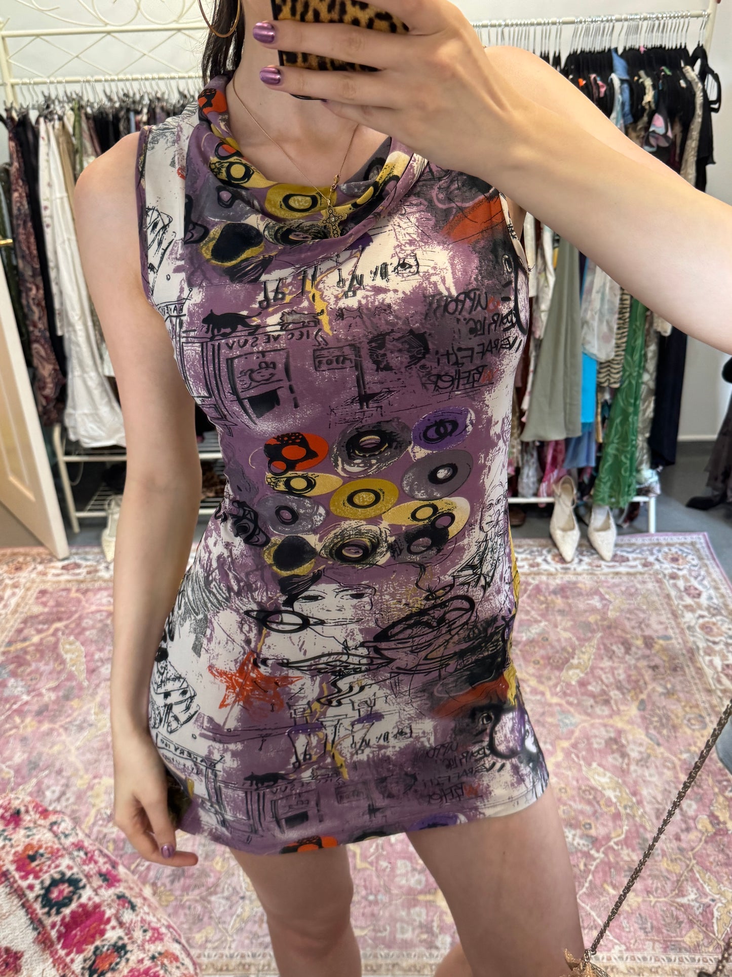 Vintage graphic cowl neck mini dress