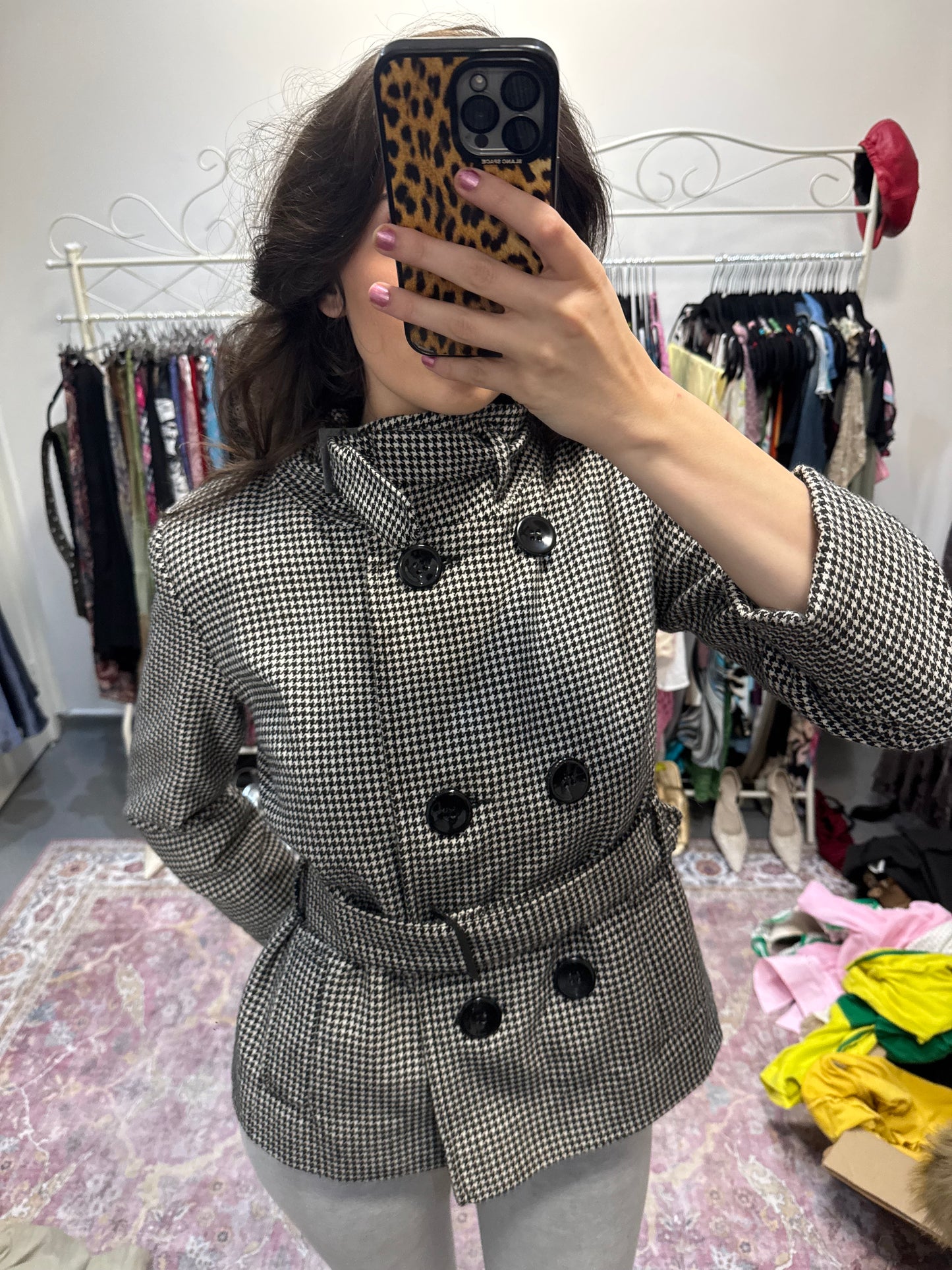 Vintage 00’s dogtooth tie waist peacoat