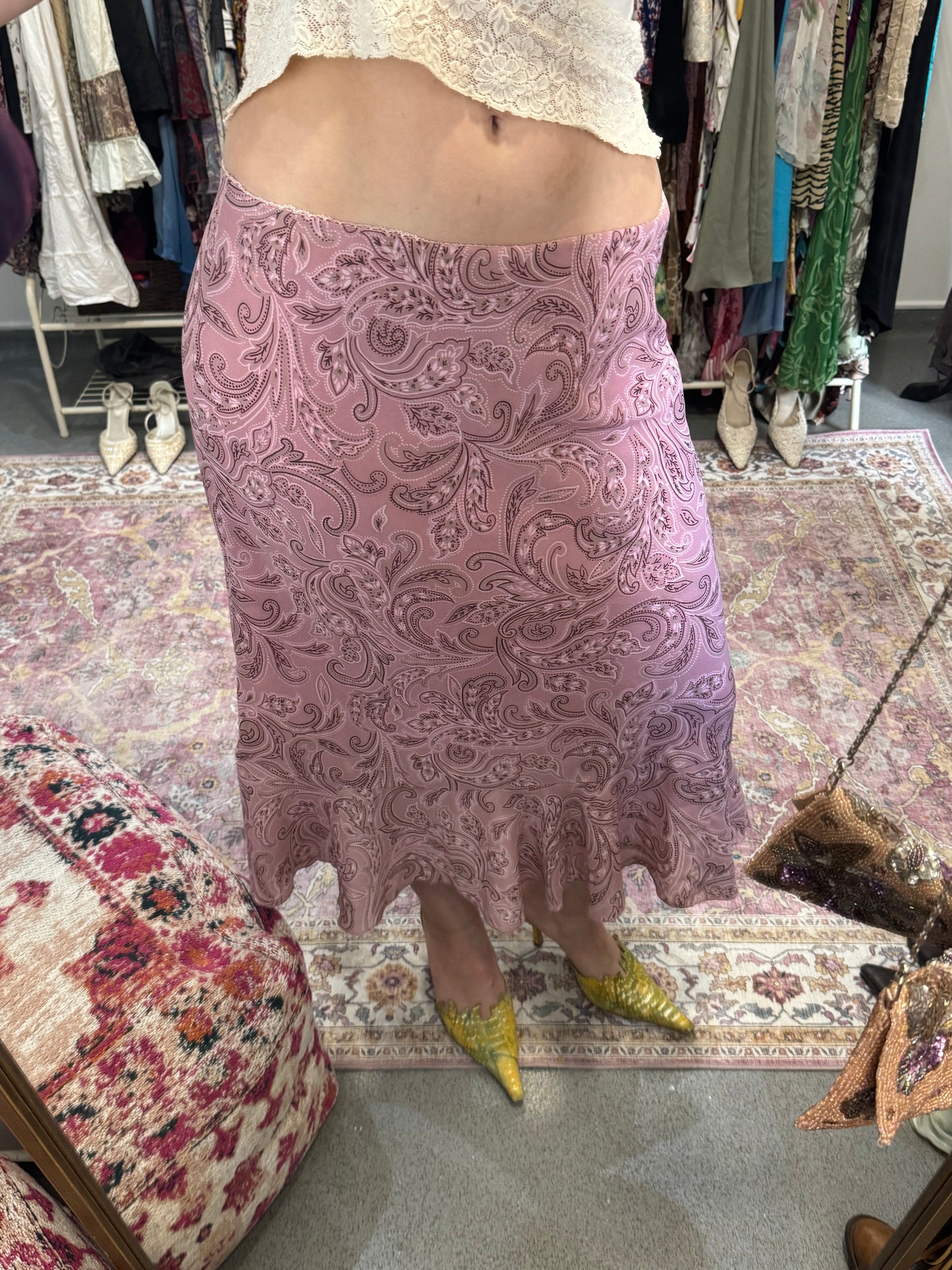 Vintage paisley pleated trim maxi skirt