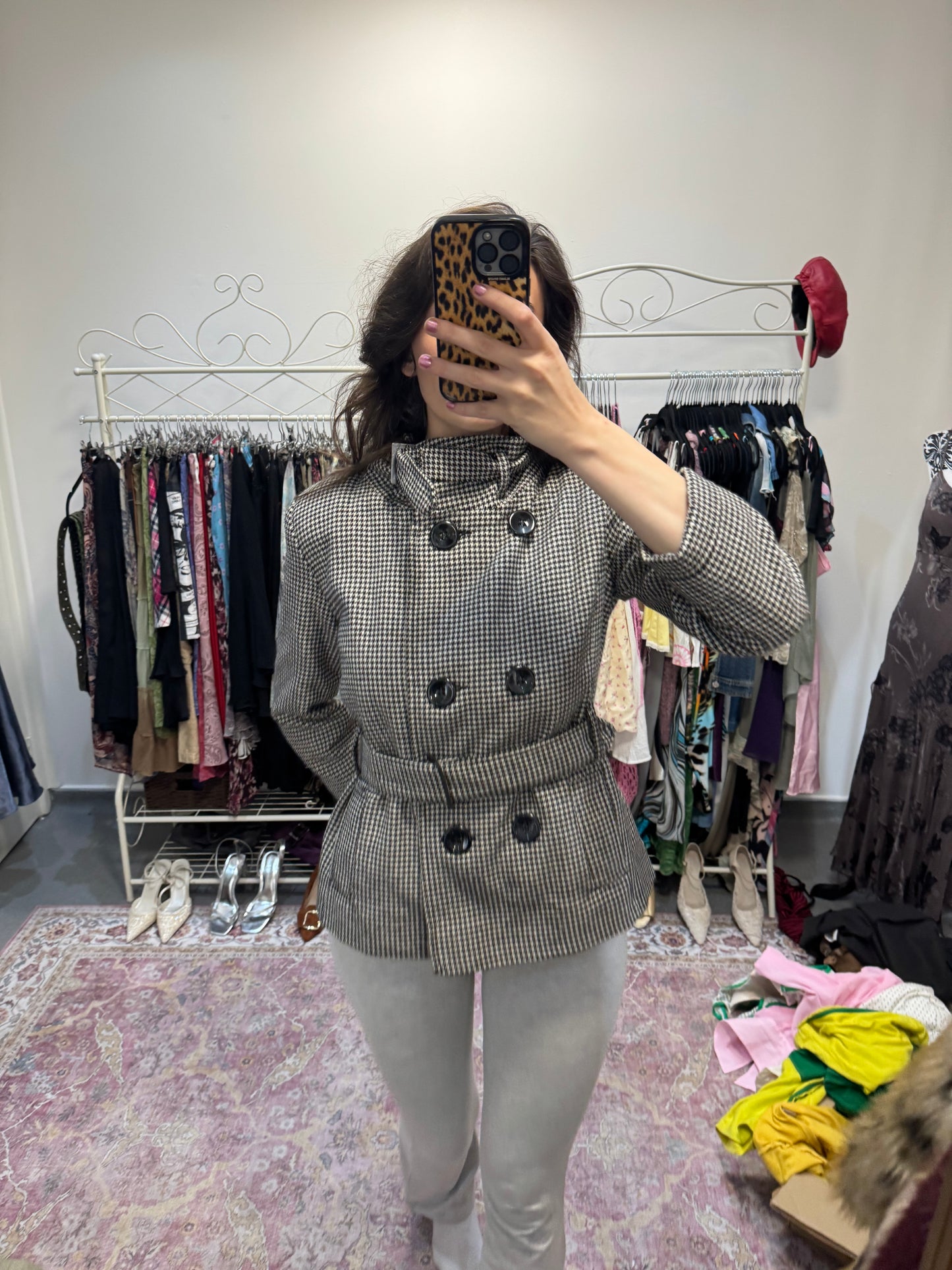 Vintage 00’s dogtooth tie waist peacoat