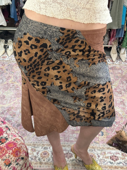 Vintage 90’s leopard print suede midi skirt with split