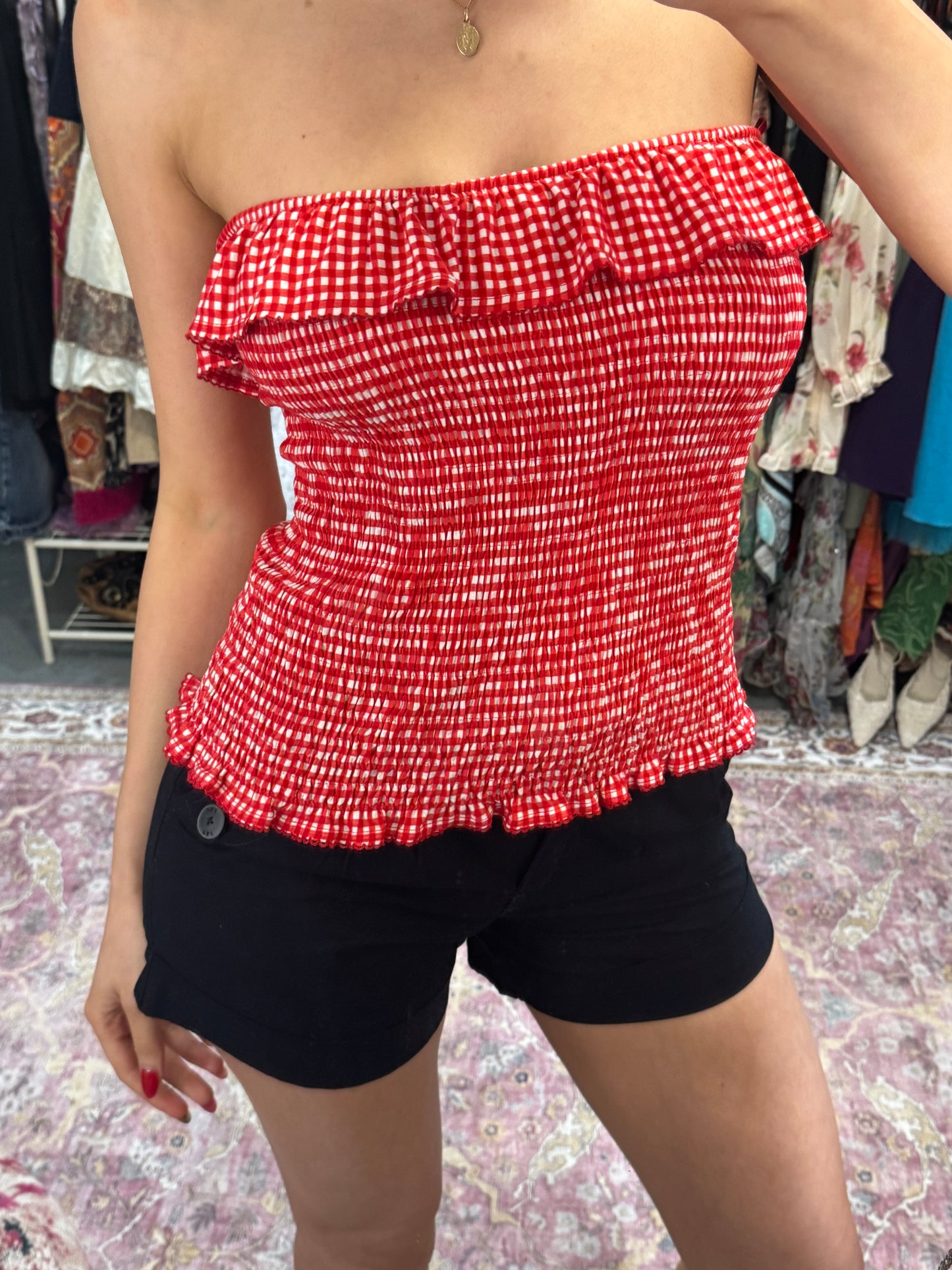 Vintage 00’s gingham ruffled trim off the shoulder top