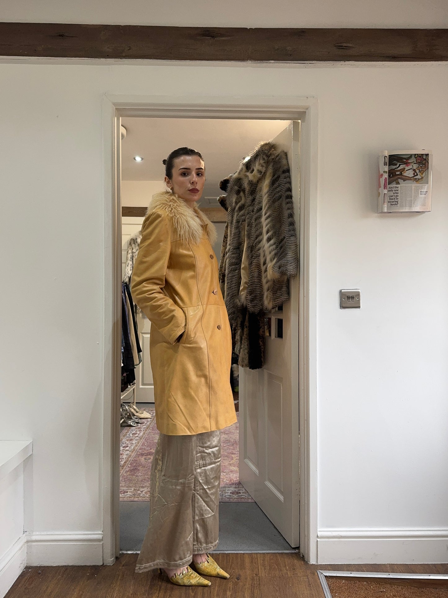 Vintage fur trim leather trench coat