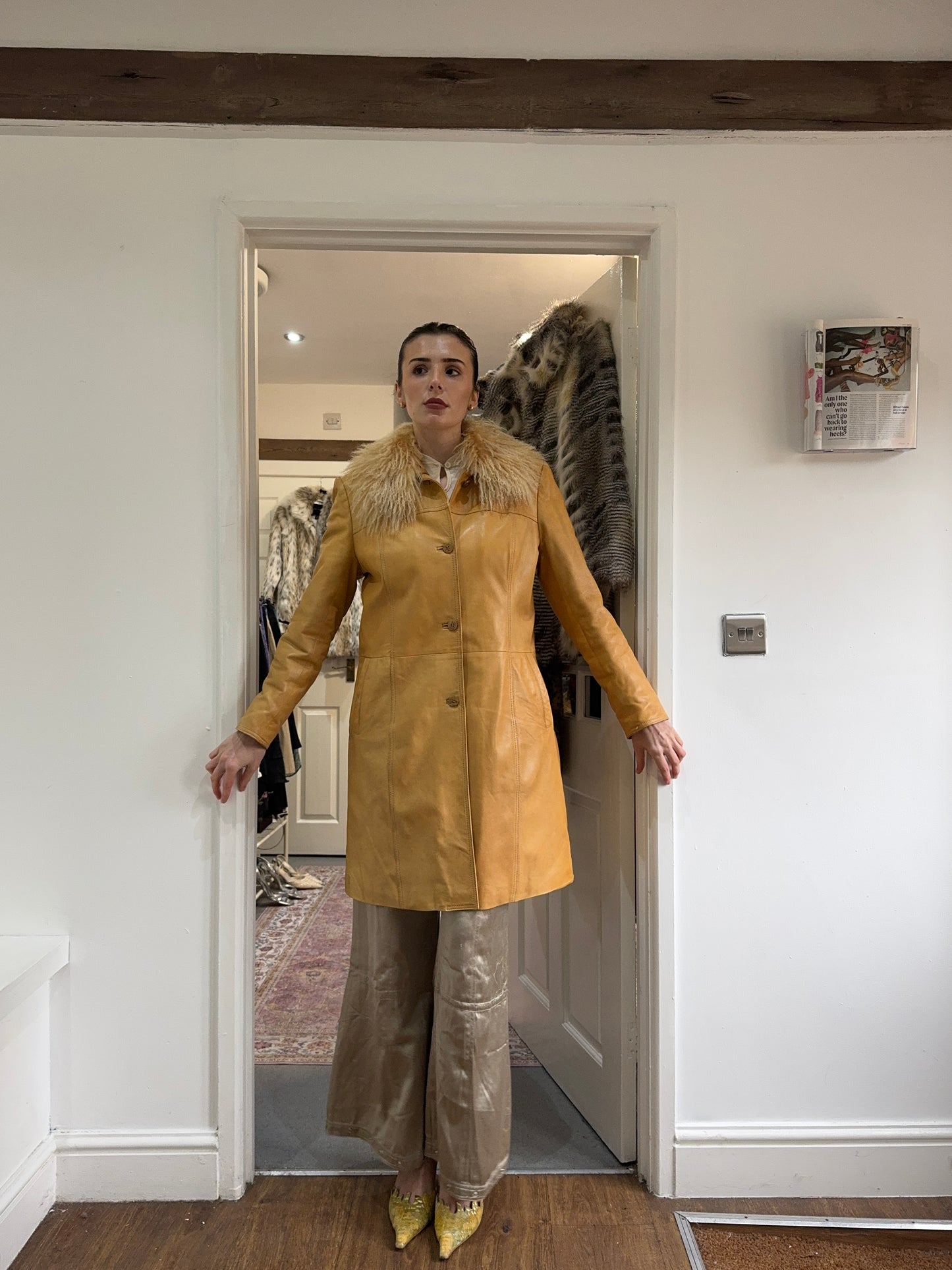 Vintage fur trim leather trench coat