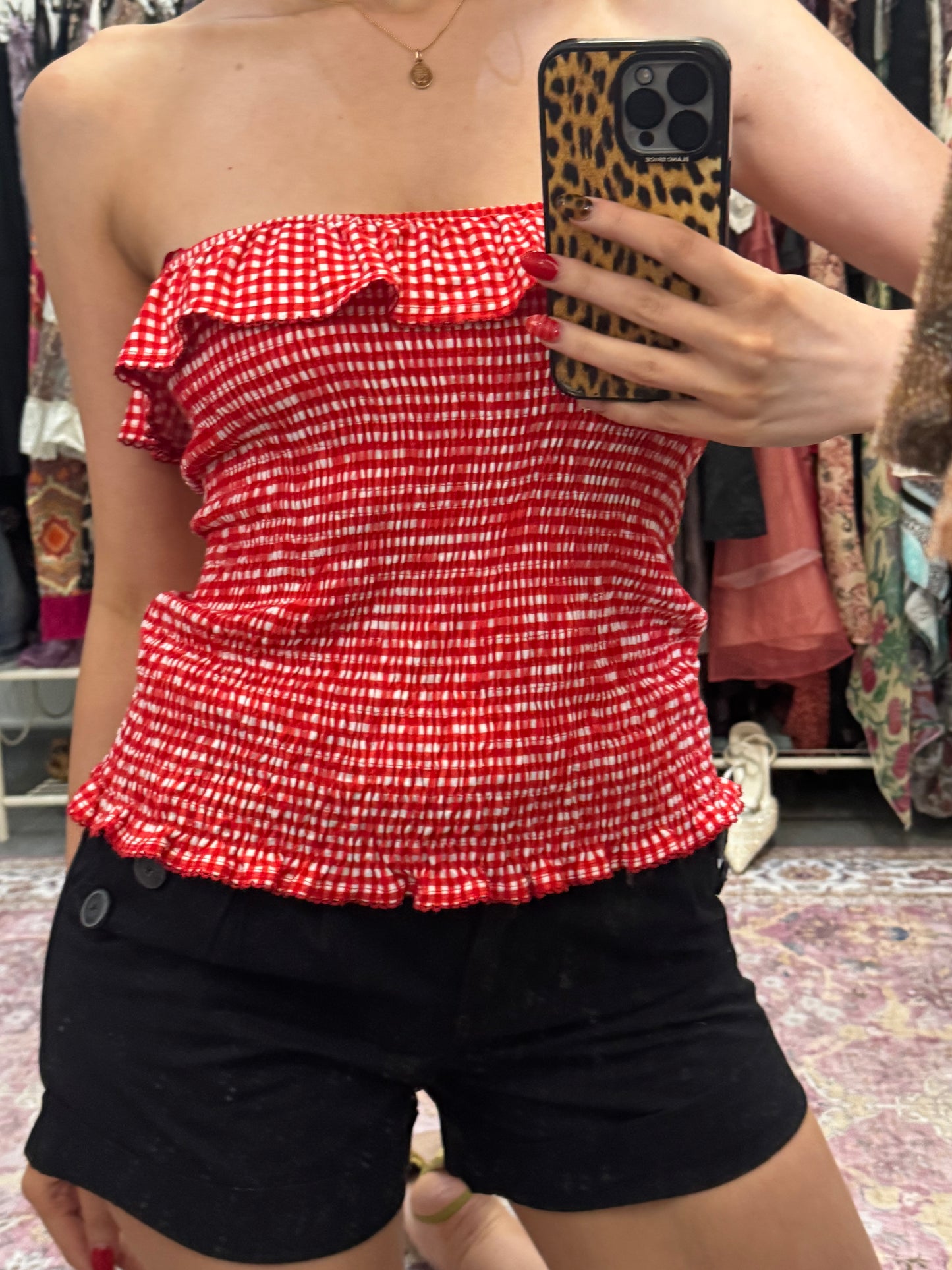 Vintage 00’s gingham ruffled trim off the shoulder top