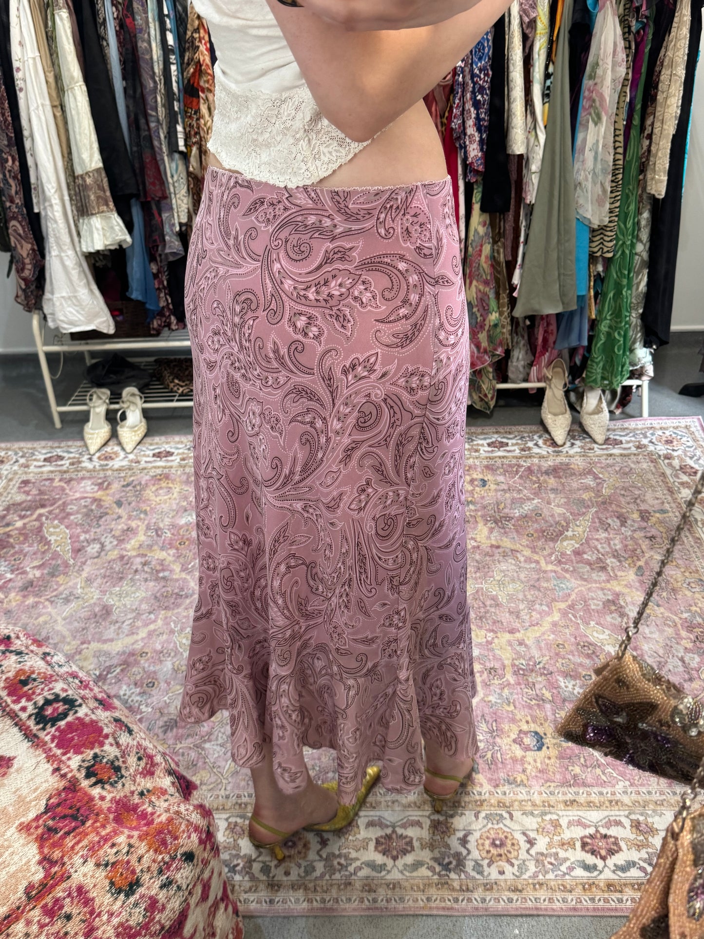 Vintage paisley pleated trim maxi skirt