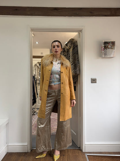 Vintage fur trim leather trench coat