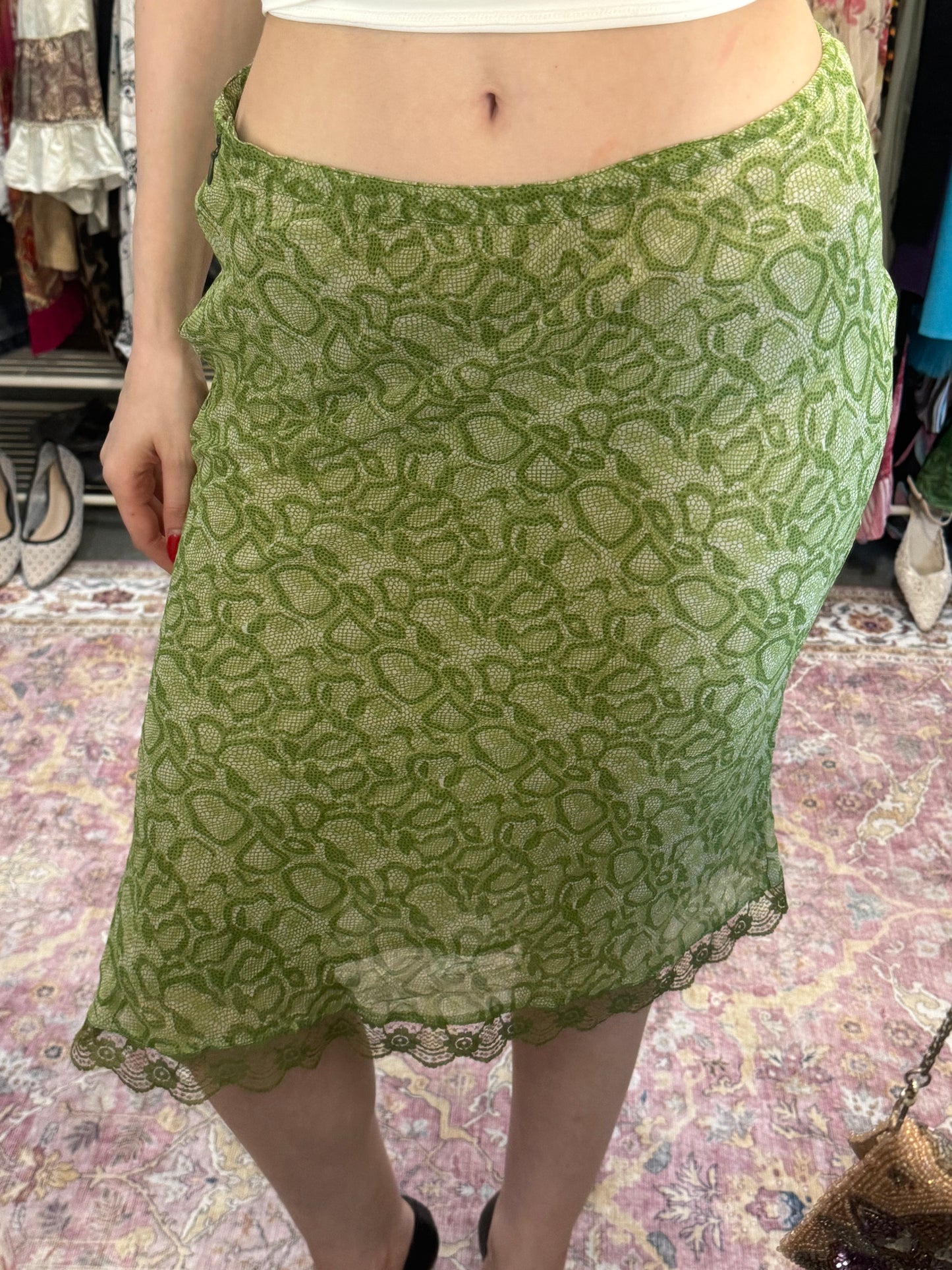 Vintage 00’s snake print midi skirt with laced trim