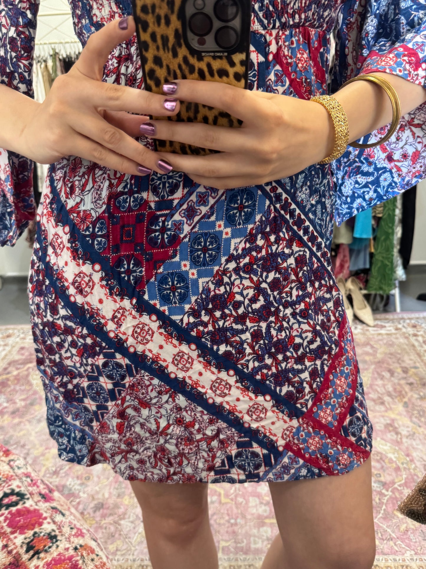 Vintage patterned flared sleeve mini dress