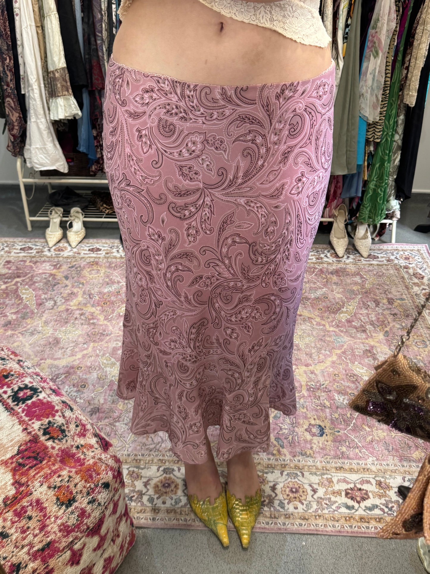 Vintage paisley pleated trim maxi skirt