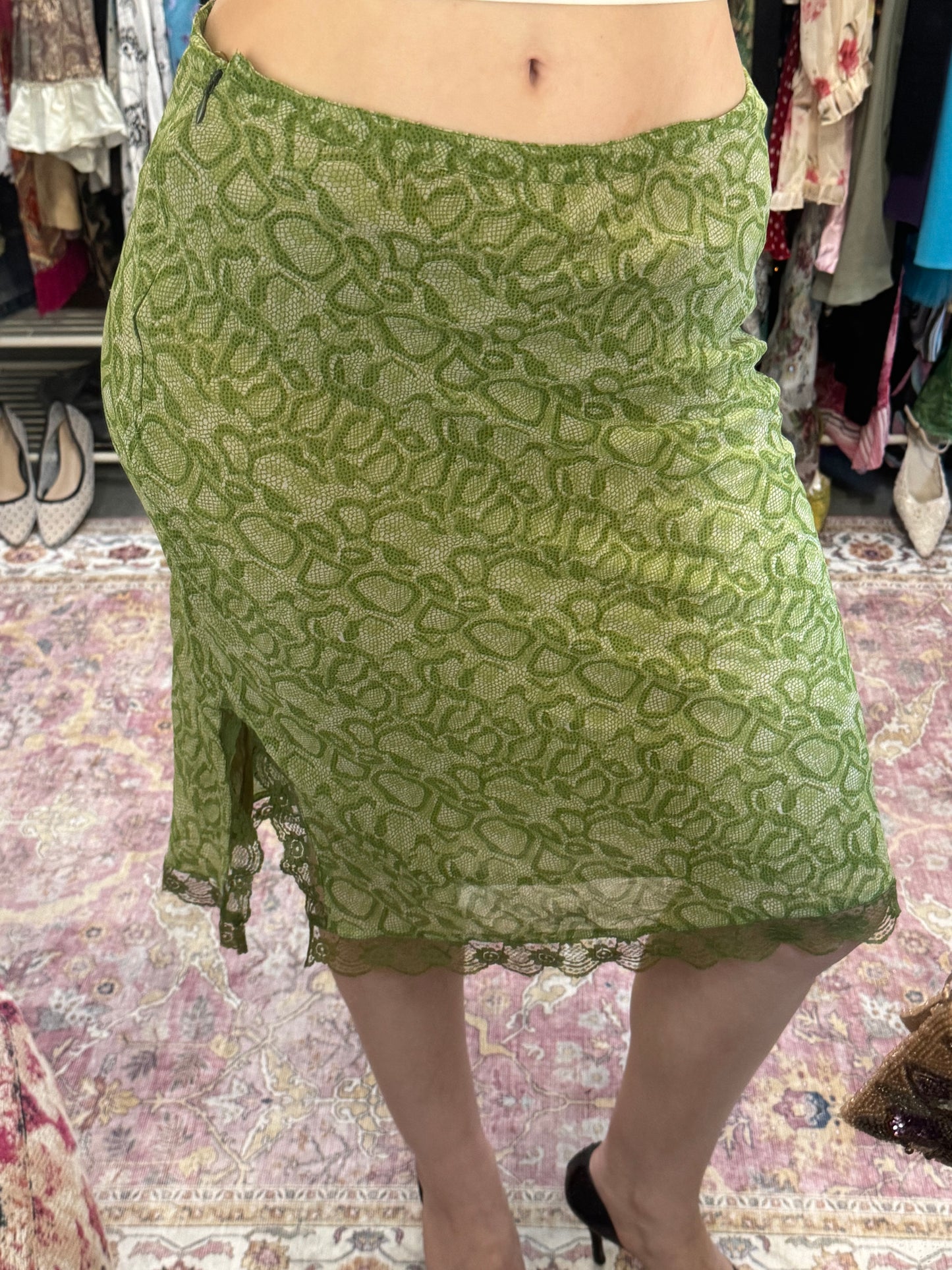 Vintage 00’s snake print midi skirt with laced trim