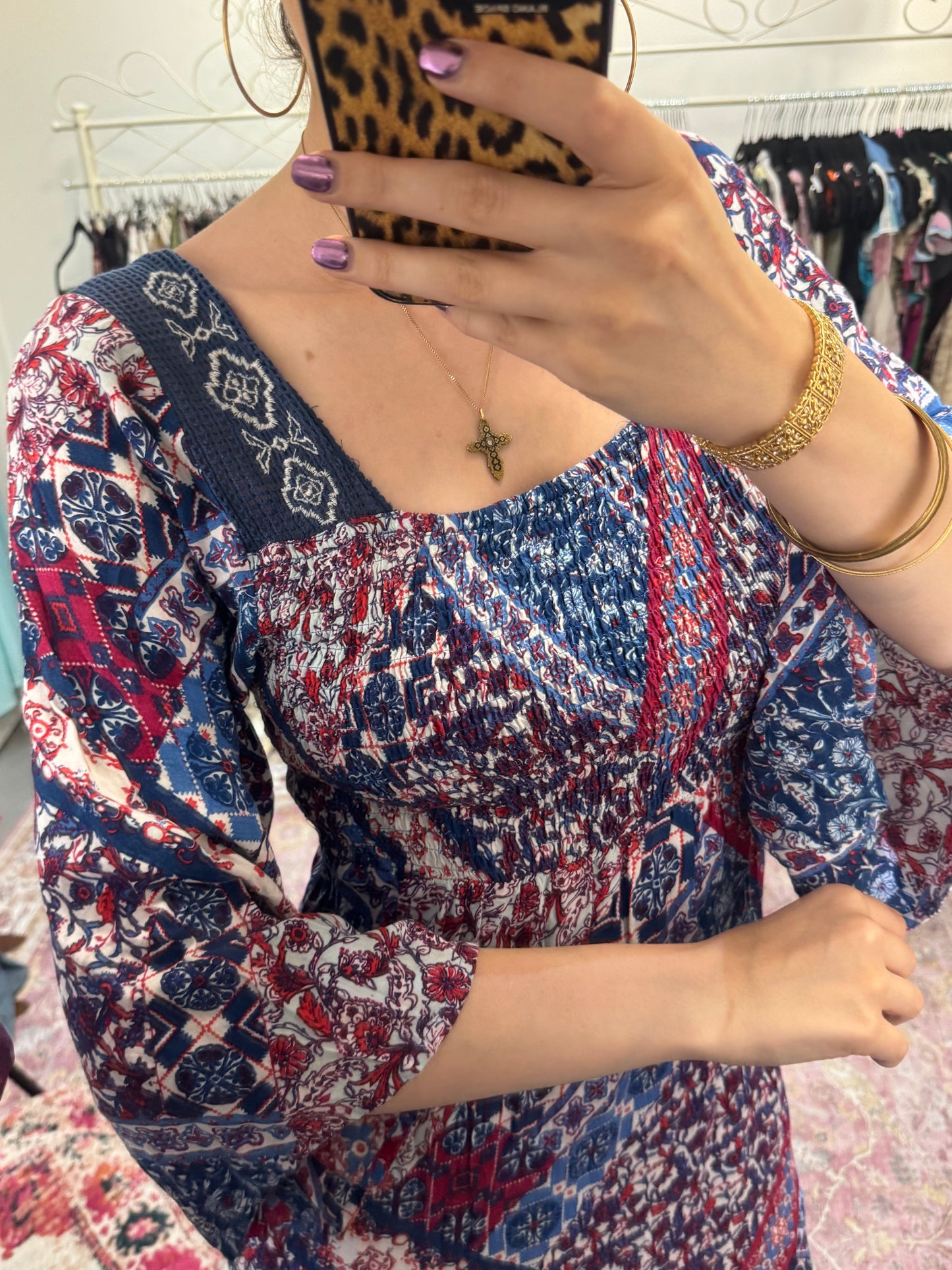 Vintage patterned flared sleeve mini dress