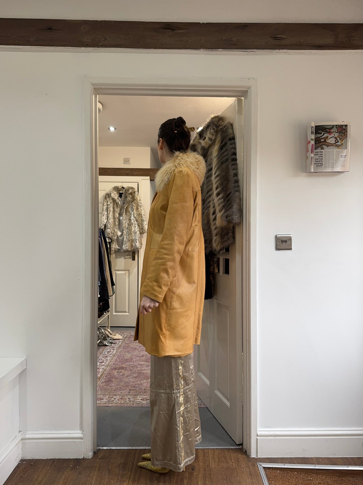 Vintage fur trim leather trench coat