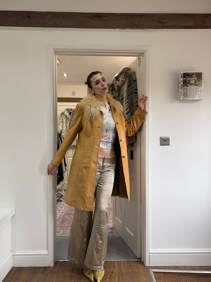 Vintage fur trim leather trench coat