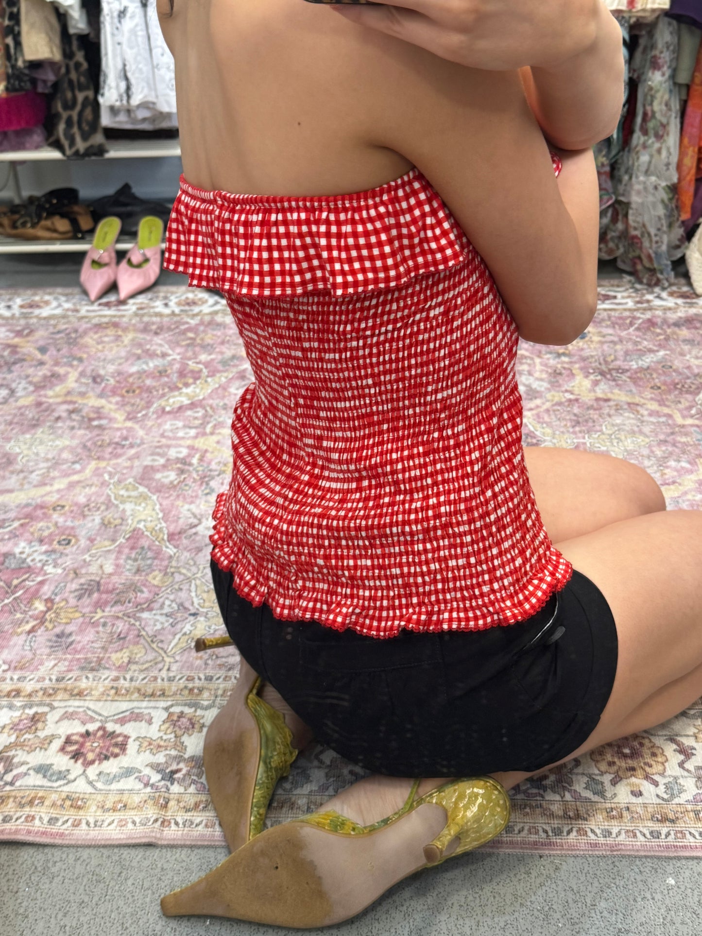 Vintage 00’s gingham ruffled trim off the shoulder top