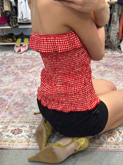 Vintage 00’s gingham ruffled trim off the shoulder top