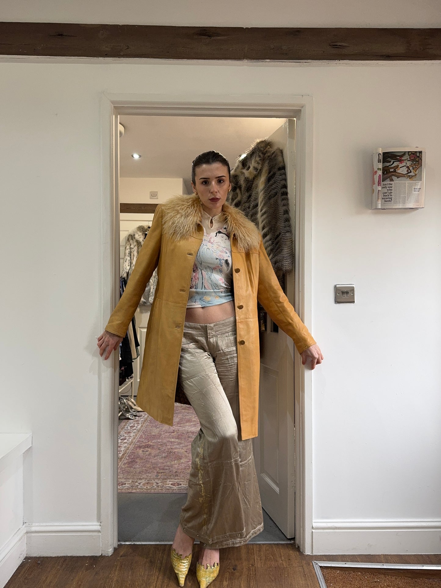 Vintage fur trim leather trench coat