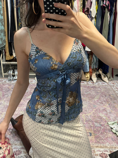 Vintage 00’s blue patterned camisole with ribbon detail
