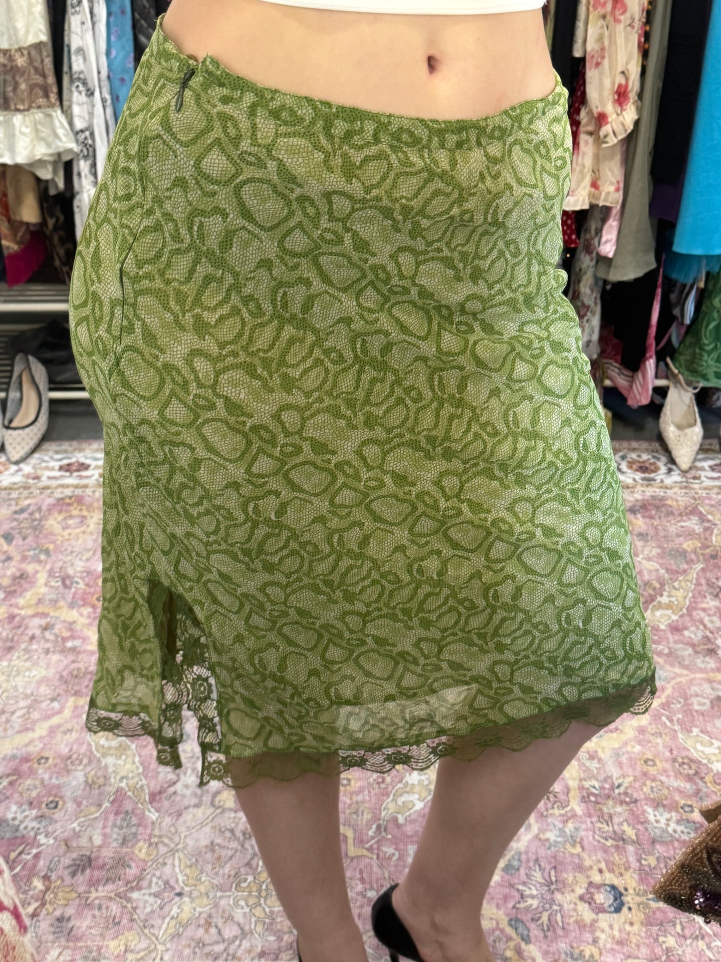 Vintage 00’s snake print midi skirt with laced trim