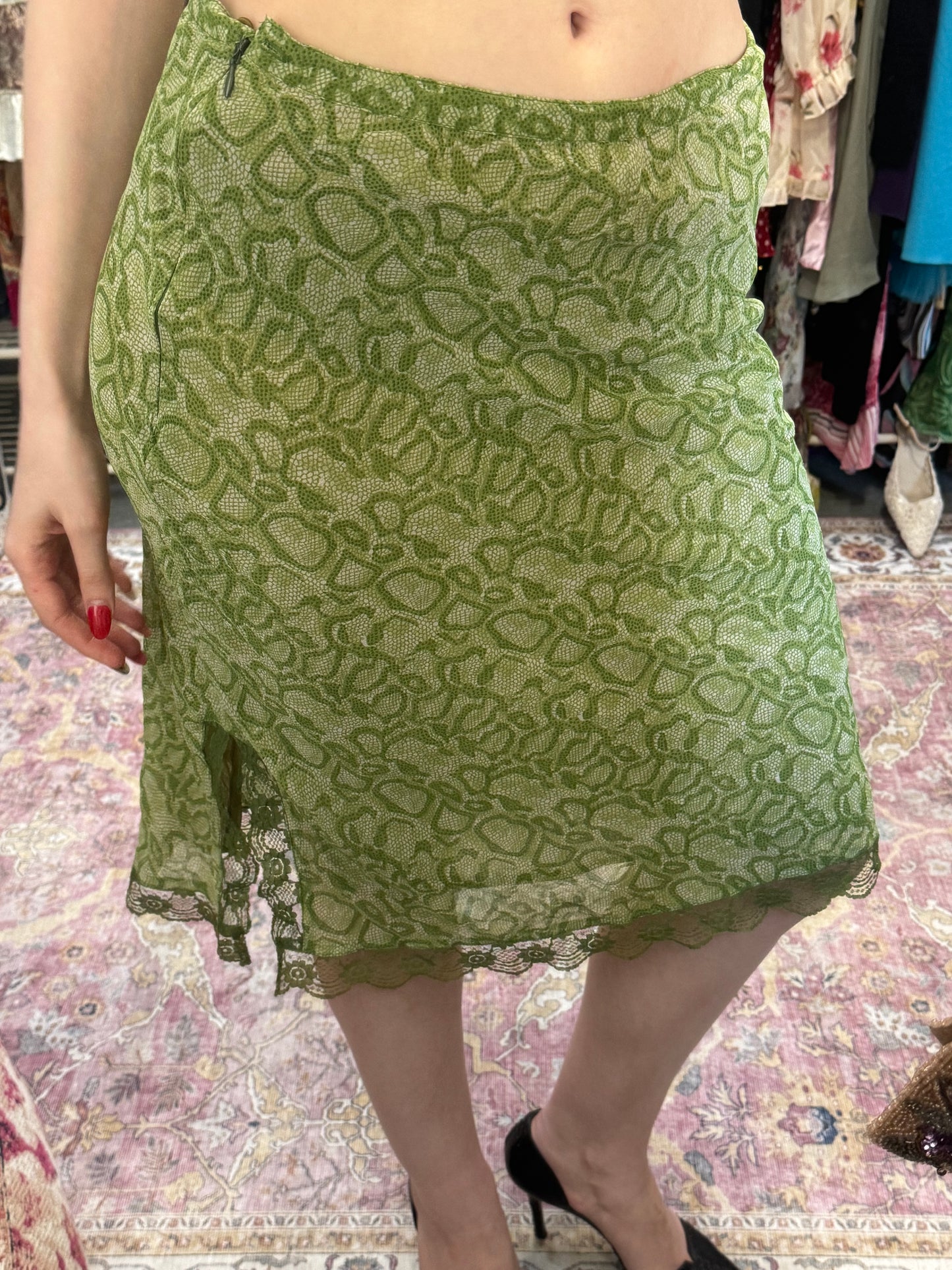 Vintage 00’s snake print midi skirt with laced trim